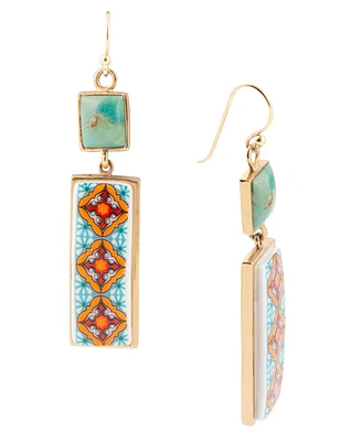 Barse Talavera Tile and Blue Turquoise Golden Dangle Earrings