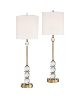 Halston Modern Buffet Table Lamps Set of 2 with Dimmer 32 1/2" Tall Skinny Brass Metal Stacked Crystal Off-White Fabric Drum Shade Living Family