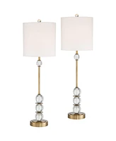Halston Modern Buffet Table Lamps Set of 2 with Dimmer 32 1/2" Tall Skinny Brass Metal Stacked Crystal Off-White Fabric Drum Shade Living Family