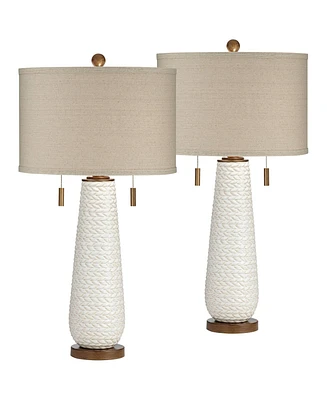 Kingston Mid Century Modern Table Lamps 32 3/4" Tall Set of 2 White Textured Ceramic Taupe Drum Shade Decor for Bedroom Living Family Room Bedsid