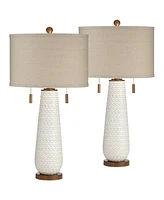 Kingston Mid Century Modern Table Lamps 32 3/4" Tall Set of 2 White Textured Ceramic Taupe Drum Shade Decor for Bedroom Living Family Room Bedsid