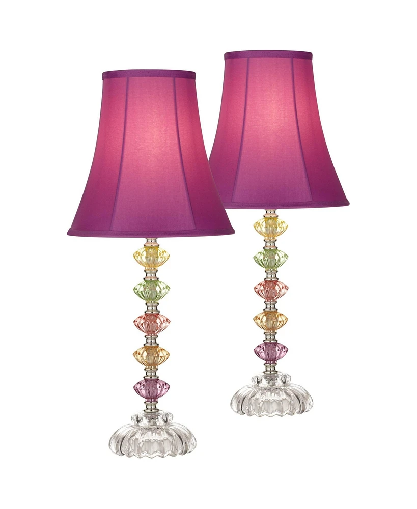 Bohemian Traditional Chic Style Accent Table Lamps 21" High Set of 2 Multi Colored Stacked Glass Deep Pink Bell Shade Decor for Kids Girls Room B