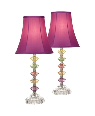 Bohemian Traditional Chic Style Accent Table Lamps 21" High Set of 2 Multi Colored Stacked Glass Deep Pink Bell Shade Decor for Kids Girls Room B