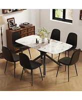 White Marble Dining Set: 63" Table & Black Pu Chairs