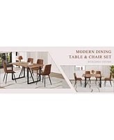 Retro Wood Table & 4 Brown Tech-Fabric Chairs