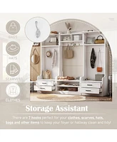 4-in-1 Hall Tree: Coat Rack, Shoe Bench, Storage - White