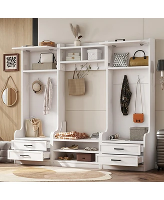 4-in-1 Hall Tree: Coat Rack, Shoe Bench, Storage - White