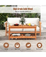 2-Tier Patio Coffee Table with Slatted Tabletop and Shelf