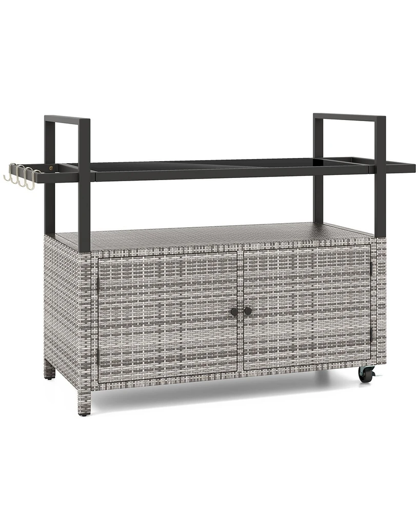 Outdoor Bar Cart Wicker Buffet Serving Cart with Cabinet and 8 Hooks-Gray
