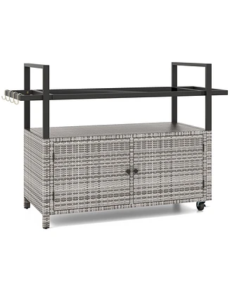 Outdoor Bar Cart Wicker Buffet Serving Cart with Cabinet and 8 Hooks-Gray