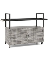 Outdoor Bar Cart Wicker Buffet Serving Cart with Cabinet and 8 Hooks-Gray