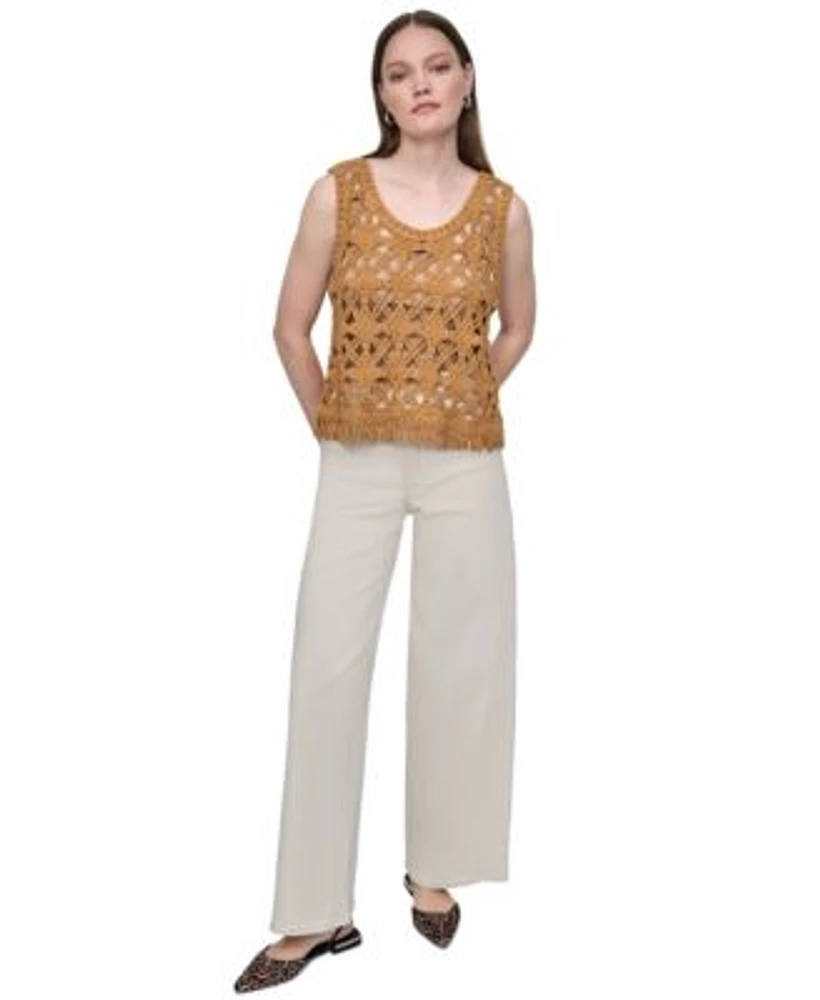 Dkny Jeans Womens Crochet Scoop Neck Cotton Top High Rise Tailored Wide Leg Jeans
