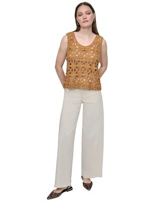 Dkny Jeans Womens Crochet Scoop Neck Cotton Top High Rise Tailored Wide Leg Jeans