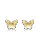 Two-Tone Milgrain Medallion Butterfly Stud Earrings in White Gold Plated or 14K Gold Plated