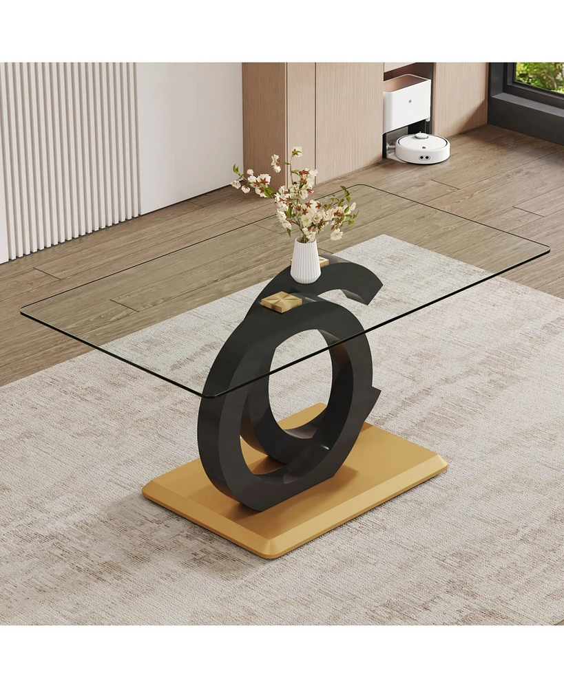 Modern Glass Dining Table for 6-8, Black & Gold Base