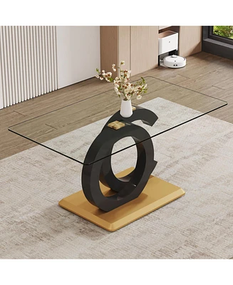 Modern Glass Dining Table for 6-8, Black & Gold Base