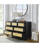 Bedroom 7 drawer dresser, rattan dresser modern wooden chest of drawers with spacious storage space for bedroom hallway living room