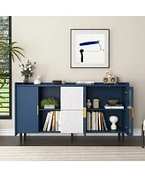 Modern Kitchen Pantry Storage Cabinet, 55" Coffee Bar Storage Cabinet with 2 Drawers, 2 Open Storage Compartment & 2 Glass Doors, Wood Buffet Tab