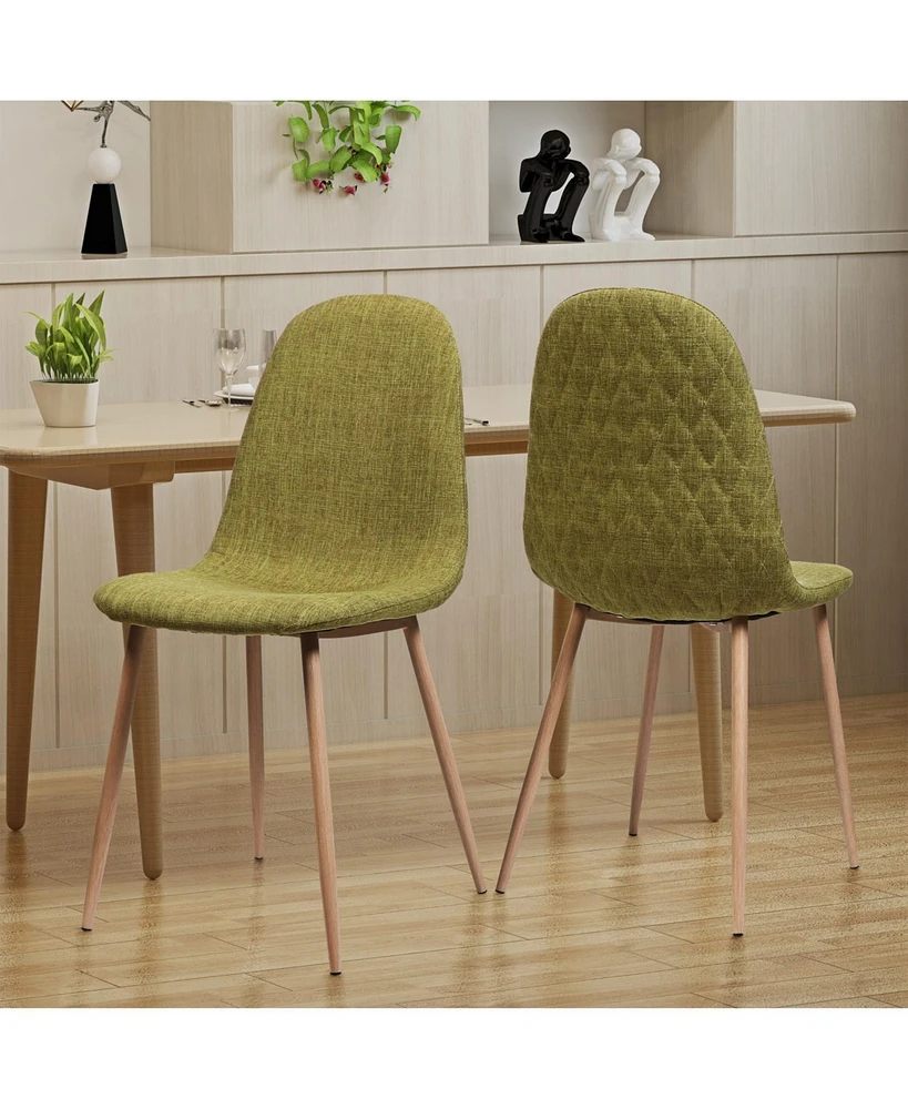 Two Green Fabric Dining Chairs with Light Walnut Iron Legs