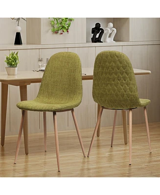 Two Green Fabric Dining Chairs with Light Walnut Iron Legs