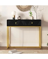 Modern Sleek Console Table Two Drawers with Stripe Design for Living Room and Entryway