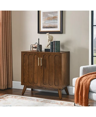 Mid Century Modern Fluted Sideboard Cabinet with Adjustable Shelves & Solid Wood Legs, Buffet Cabinet with Storage, Walnut Storage Cabinet for Living