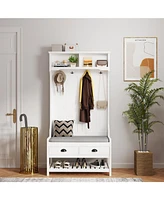 3-in-1 Hallway Hall Tree with 2 Storage Drawer and 4 Coat Rack, Wooden Entryway Shoe Rack Bench with Padded Seat Cushion, Mudroom Bench with Top Stora