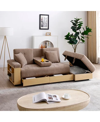 Convertible Sofa Bed with Ottoman, Storage Drawer, Drop Table, and Cup Holders (Light Brown)
