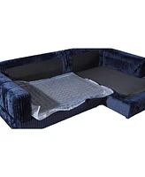 Modern Corduroy Blue Corner sofa Sleeper Sofa Couch With Comfy Deep Seat& 6 Pillows