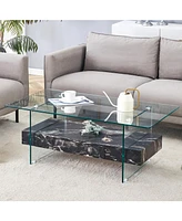 43.3" Modern Two-Tier Glass Coffee Table w/ Marble Texture & Drawer