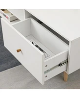 Modern White Coffee Table with Storage and Solid Wood Legs