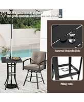 3 Pieces Patio Swivel Bar Set with Soft Cushions and Umbrella Hole