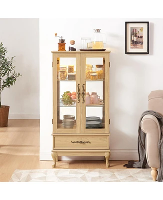 Curio Cabinet Lighted Glass Cabinet Glass Wine Cabinet Curio Display Cabinet with Adjustable Glass Shelves 2 Doors and 1 drawer Cabinet Sideboard With