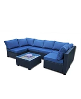 Seven-Piece Black Rattan Outdoor Sofa Set w/ Blue Cushions
