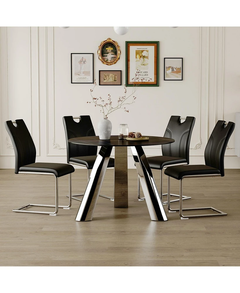 Round Table and 4 Black Chairs with Silver Metal Legs, Sintered Stone Tabletop