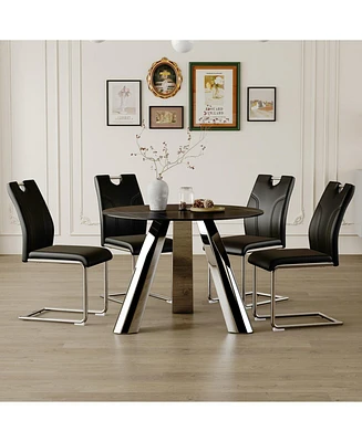 Round Table and 4 Black Chairs with Silver Metal Legs, Sintered Stone Tabletop