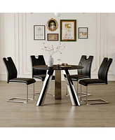 Round Table and 4 Black Chairs with Silver Metal Legs, Sintered Stone Tabletop