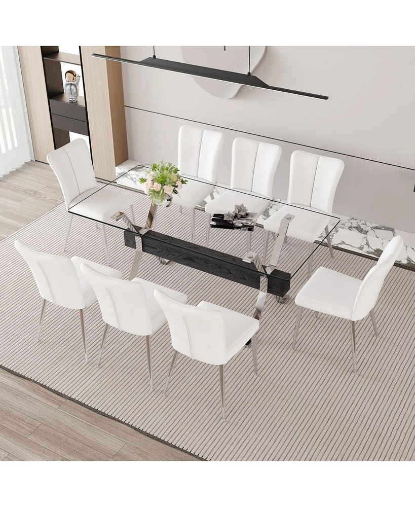 Elegant Glass Dining Set with White Pu Chairs