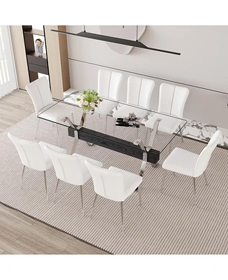 Elegant Glass Dining Set with White Pu Chairs