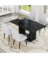 Black Marble Mdf Dining Set with Light Gray Pu Chairs