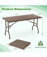 5FT Folding Picnic Table with Rattan Grain Hdpe Tabletop and Sturdy Metal Fame
