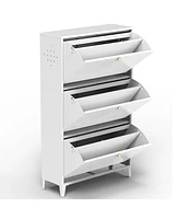 3 Drawer All Steel Shoe Cabinet, Freestanding Shoe Rack Storage Organizer with Flip Door, Modern Tipping Bucket Shoe Cabinet for Entryway, Hallway, Be