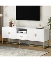 Modern Tv Stand for TVs up to 70", with Drawer, Cabinets, Metal Legs, and Safety Features