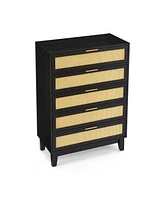 Bedroom 5 drawer dresser, rattan dresser modern wooden chest of drawers with spacious storage space for bedroom hallway living room