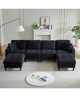 Oversized U-Shaped Corduroy Sectional Sofa with Ottomans (Black)