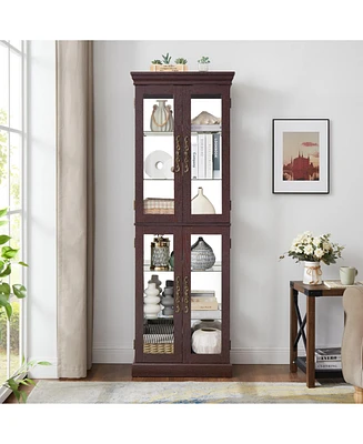 Lighted Glass Curio Display Cabinet, Display Cabinet, Glass Storage Cabinet Glass Wine cabinet Wood Frame Toy Display for Living Room, Kitchen, Pantry