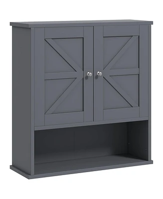 Farmhouse Bathroom Wall Cabinet, Wall Mounted Medicine Cabinet with Open Shelf & Adjustable Shelf, Storage for Laundry Room, Gray