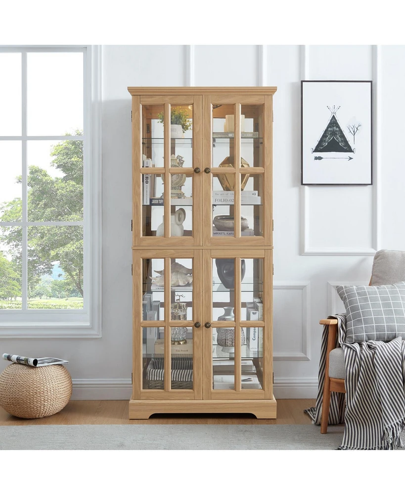 Antique Curio Cabinet with Glass Doors, Adjustable Shelves, and Oak E26 Bulb