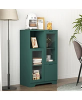 Wooden Floor Cabinet with 2 Glass Doors and 2 Storage Space, Blue Living Room Bathroom Entryway Green