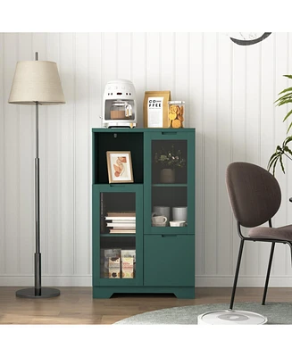 Wooden Floor Cabinet with 2 Glass Doors and 2 Storage Space, Blue Living Room Bathroom Entryway Green